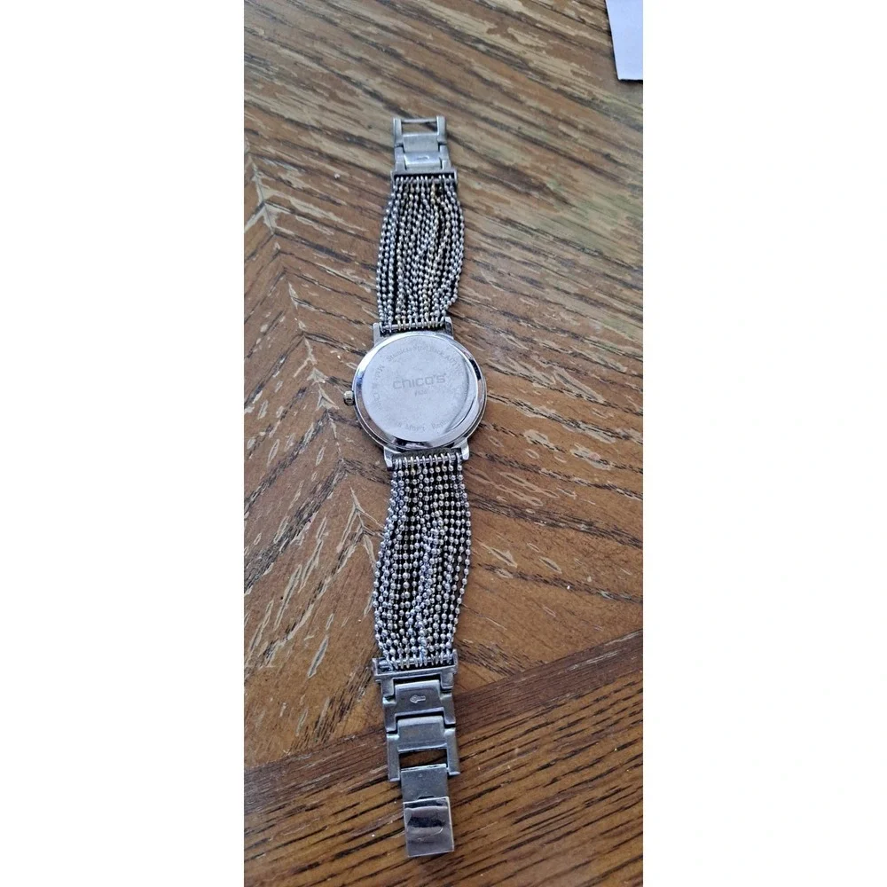 CHICOS Silver Gold Multi-Tone Bead Chain Band MOP Ladies Watch Wristwatch *RUNS*